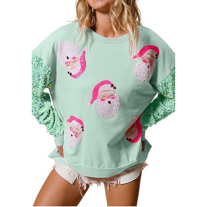 Women's Cute Santa Christmas Sweatshirts Funny Graphic Lightweight Sequin Long Sleeve Pullover Hoodies