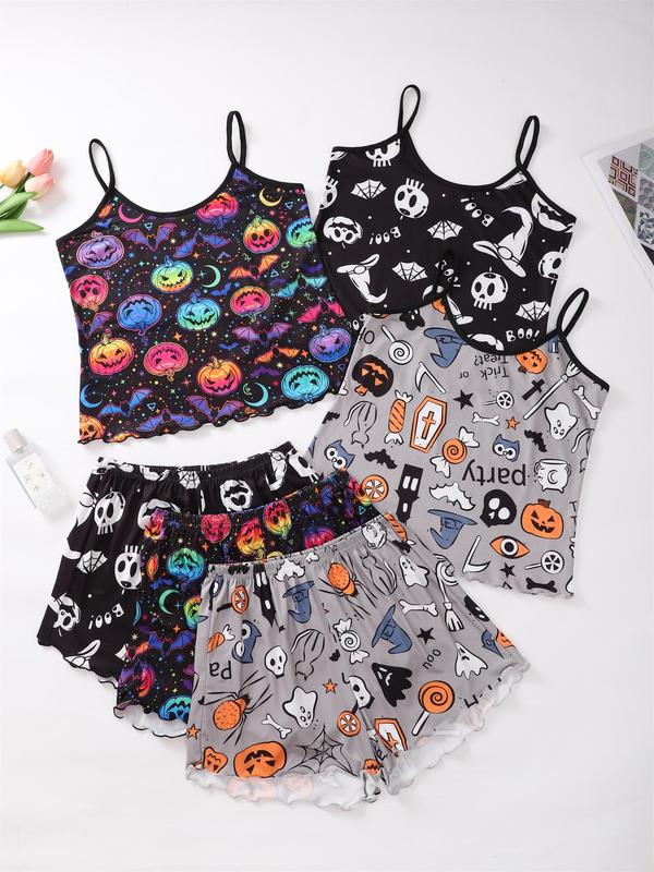 Women's Pumpkin & Skull Print Contrast Binding Lettuce Trim Cami Top & Shorts Pyjama Set, Casual Spaghetti Strap Camisole & Shorts Halloween Pj Set Halloween Pajamas, Christmas Soft Comfy Sleepwear Set for Women Matching Halloween Pajamas