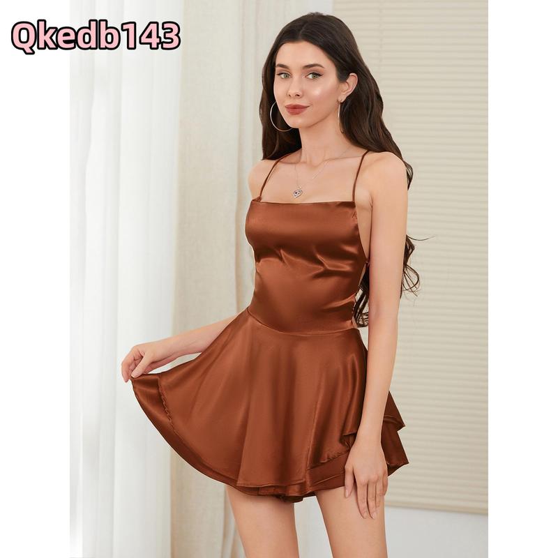 Women Solid Color Cami Playsuits Cowl Neck Sleeveless Short Jumpsuits Summer Cross Tie-Up Backless Romper Clubwear Womenswear Check