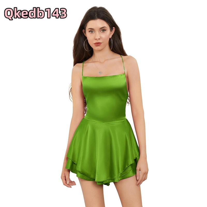 Women Solid Color Cami Playsuits Cowl Neck Sleeveless Short Jumpsuits Summer Cross Tie-Up Backless Romper Clubwear Womenswear Check