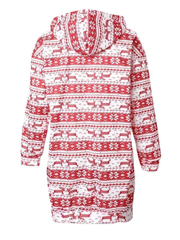 Women's Christmas Graphic Drawstring Hooded Lounge Dress, Casual Pom Pom Decor Long Sleeve PJ Dress for Fall & Winter, Women's Sleepwear for Daily Wear