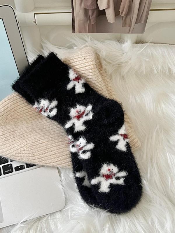 Women's Cute Animal Print Fuzzy Socks, Casual Soft Comfy Floor Socks for Fall & Winter, Women's Socks for Daily Wear