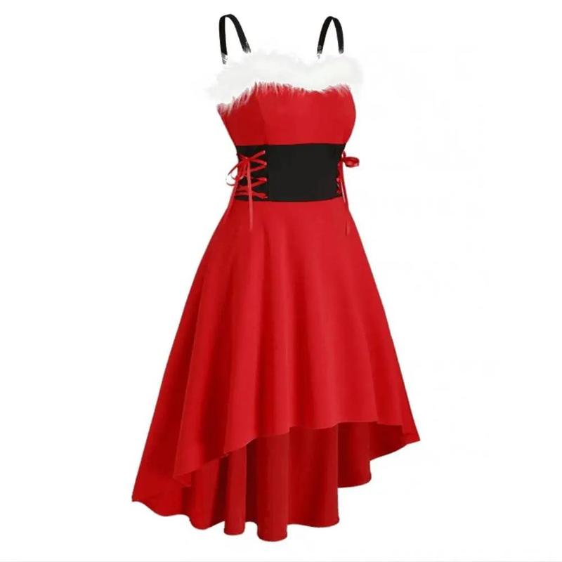 Christmas red off shoulder black waist bow suspender dress presents Christmas hat Free Womenswear Comfort Festival Party