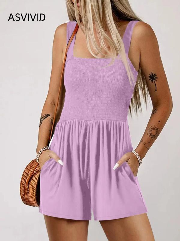 Women's Plain Pocket Shirred Tank Romper, Fashion Casual Square Neck Sleeveless Romper for Daily Outdoor Wear, Summer Rompers, Back to School Outfits, Playsuits for Women, Romper Jumpsuit for Women, Ladies Clothes for Summer