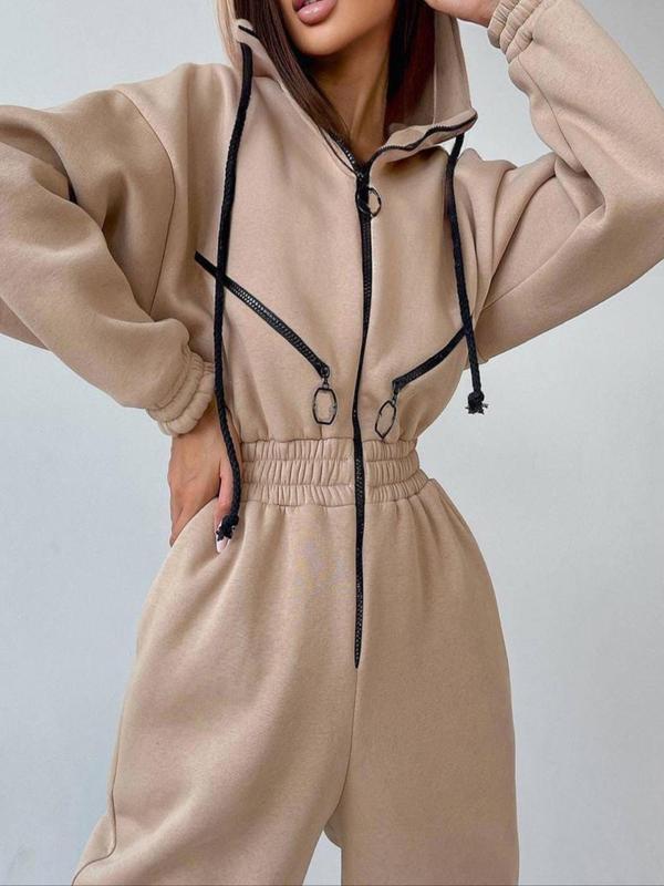 Women's Solid Drop Shoulder Drawstring Hooded Jumpsuit, Casual Long Sleeve Zipper Jumpsuit for Daily Wear, Ladies Clothes for All Seasons