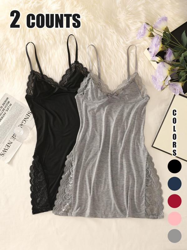 Women's Contrast Lace Cami Nightdress, Adjustable Spaghetti Strap Backless Nightgown, Women's Sleepwear for All Seasons