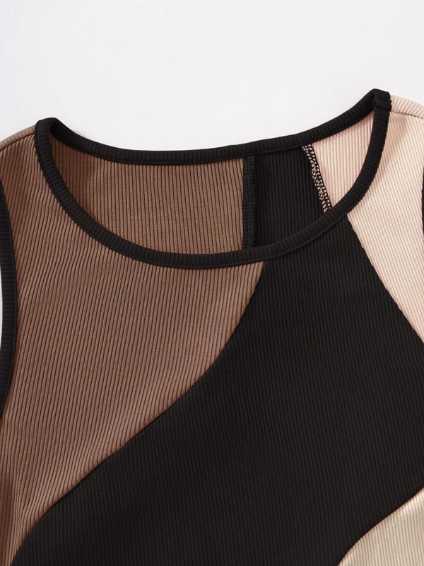 Women's Colorblock Ribbed Crop Tank Top, Casual Sleeveless Round Neck Crop Top for Daily Wear, Ladies Clothes for All Seasons, Fall Outfits, Fallfreshness, 90s Clothes, Fall Outfits