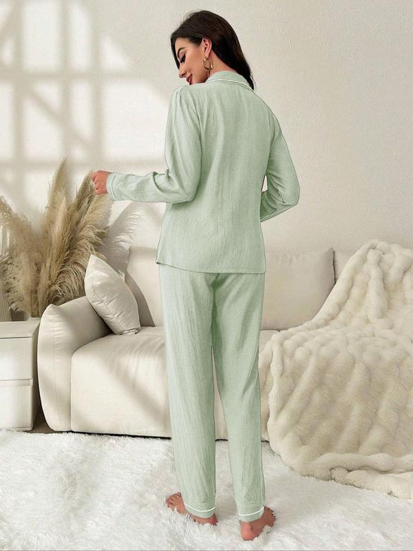 Two-Piece Set Women's Solid Textured Bow Decor Lapel Shirt & Elastic Waist Pants Pyjama, Casual Comfy Long Sleeve Button Front Top & Trousers PJ Set, Women's Sleepwear for Spring & Fall