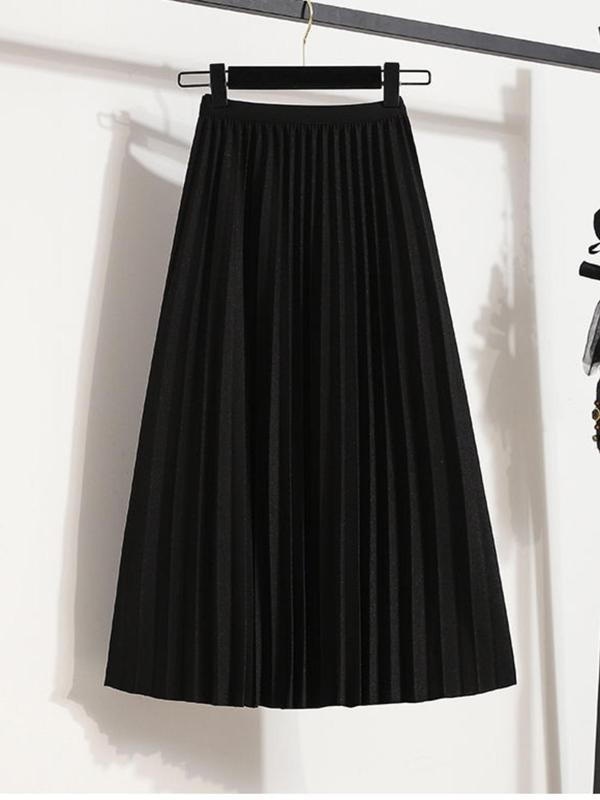 Women's Solid Pleated Vintage Skirt, Elegant Fashion Casual Midi Skirt for Daily Outdoor Wear, Ladies Skirt for Spring & Fall, Fall Outfits, Fallfreshness