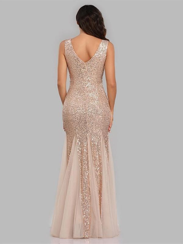 Women's Glitter Sequin Backless Tank Dress, Elegant Deep V Neck Sleeveless Bodycon Dress for Evening Party & Banquet, Ladies' Clothes for All Seasons