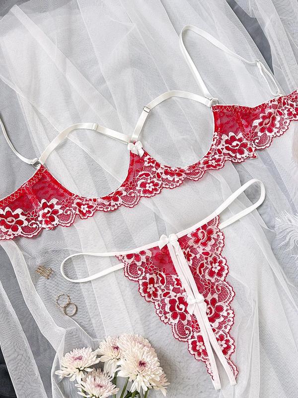 Women's Floral Lace Bra & Thong Two-piece Set, Cut Out Bra & Panty Set, Lingerie Set for Women