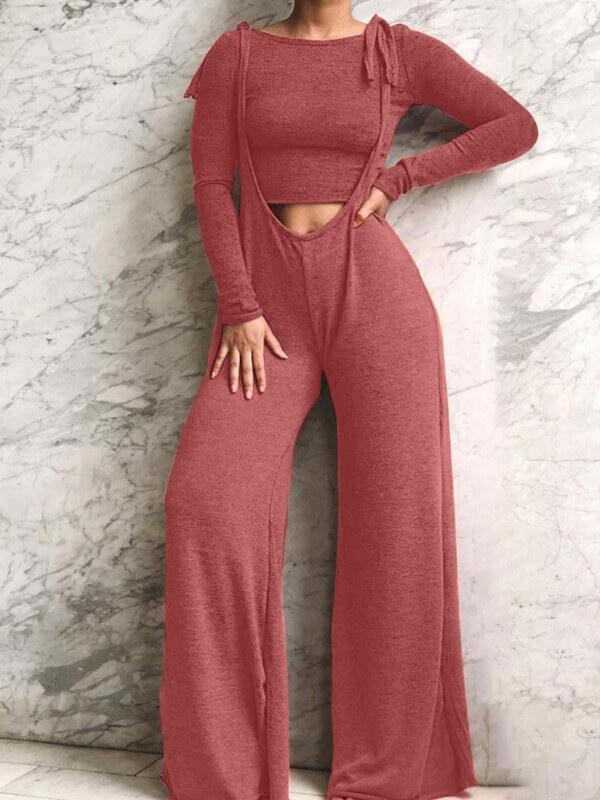 Womenswear Two-Piece Set Women's Solid Crop Tee & Knot Shoulder Suspender Pants Set, Minimalist Casual Fashion Cozy Round Neck Long Sleeve T-shirt & Overalls for Daily Outdoor Wear, Fall Sets, Ladies Clothes for All Seasons