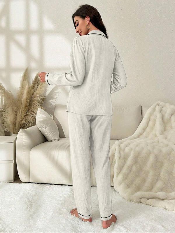 Two-Piece Set Women's Solid Textured Bow Decor Lapel Shirt & Elastic Waist Pants Pyjama, Casual Comfy Long Sleeve Button Front Top & Trousers PJ Set, Women's Sleepwear for Spring & Fall