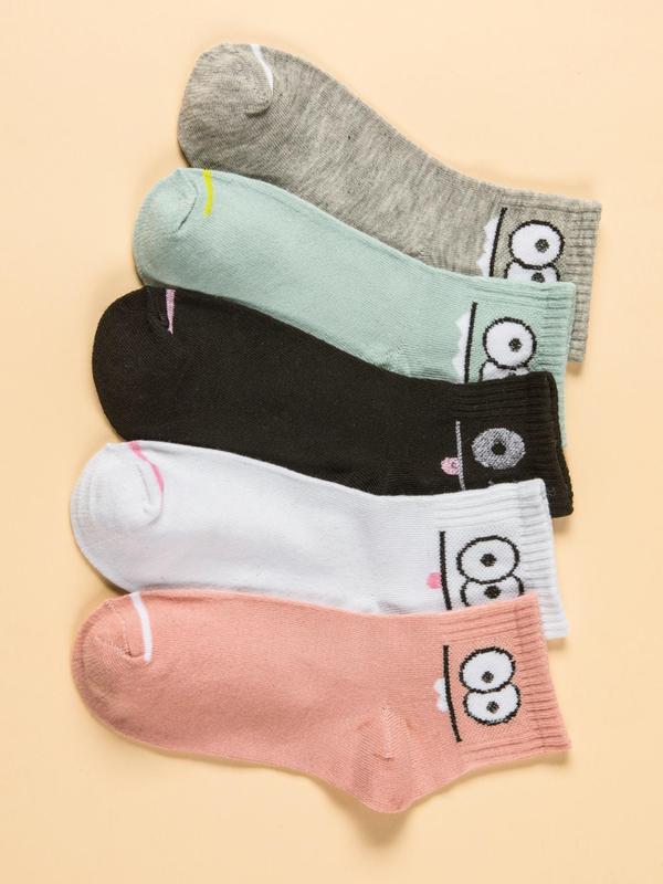 Women's 5 Pairs Cartoon Print Crew Socks, Casual Moisture Wicking Socks, Soft Comfy Breathable Socks For All Seasons Daily Wear