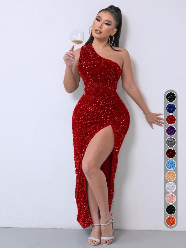 Women's Glitter Sequin One Shoulder Ruched Split Thigh Bodycon Dress, Dress in Club, Dresses for Women, Summer Dresses 2024, Elegant Chic Party Outfit, Sparkly Long Evening Gown, Lady Formal Wear, Y2K Clothing, Halloween, Halloween Costume