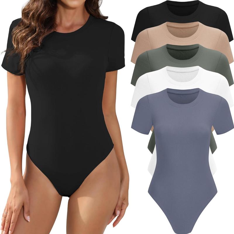 5 Pack Crewneck Body Suits for Womens Short Sleeve Round Neck Comfort Casual Stretchy Basic T Shirt Bodysuit Tops Minimalist Womenswear