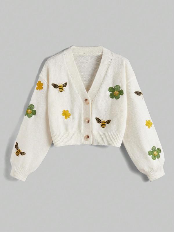 Floral & Bee Embroidery Button Front Short Cardigan for Women, Casual Drop Shoulder Knitwear for Spring & Fall, Women's Knit Clothing for Daily Wear, Going Out Outfits