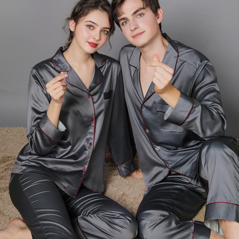 New Spring and Autumn Silk Couple Pajamas Women's Autumn Ice Silk Men's Pajamas Home Wear Long Sleeve plus Size Suit Womenswear Clothing