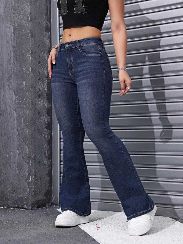 Women's Plain Flare Leg Jeans, Casual Button Fly Pocket Design Denim Trousers for Daily Wear, Ladies Bottoms for All Seasons