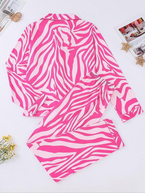 Women's Zebra Stripe Print Pocket Button Front Pajama Set, Casual Long Sleeve Lapel Blouse & Elastic Waist Pants,  Pajama Sets Women, Lady Homewear for Spring & Fall, Girly Night Clothes, Fall Wear, Fallfreshness Clothes