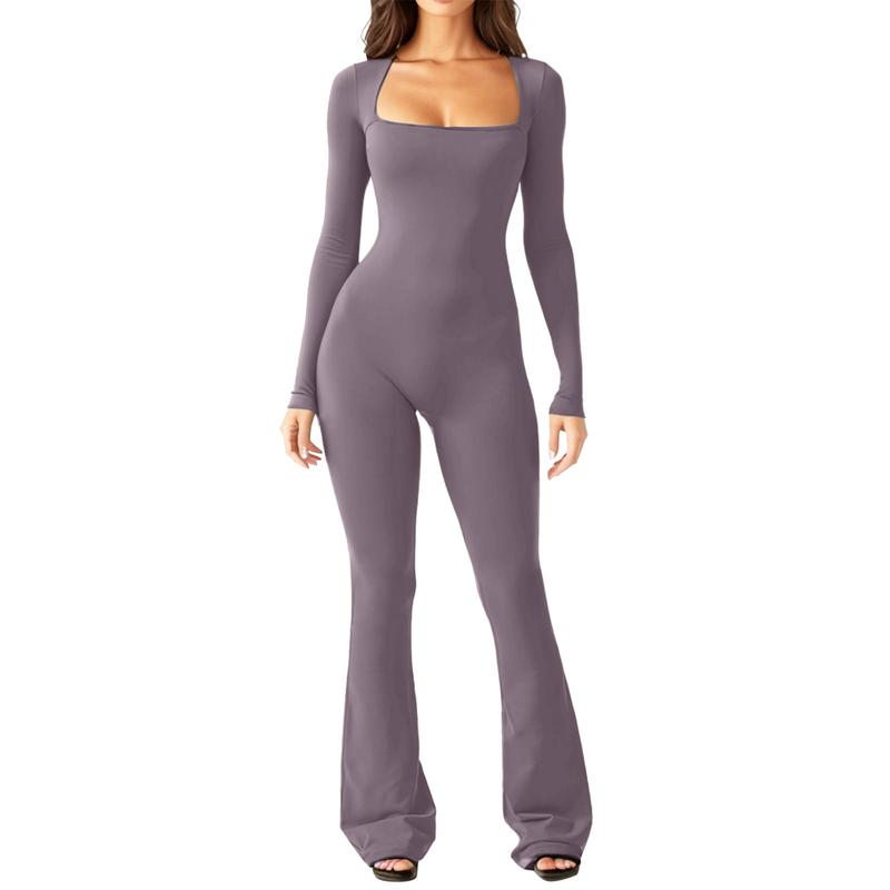 Women’s Long Sleeved Piece Jumpsuit with  Sexy Belly Waist Soft Square Basic Belly Outfit Fit Wide  Elastic Womenswear Bodycon Breathable