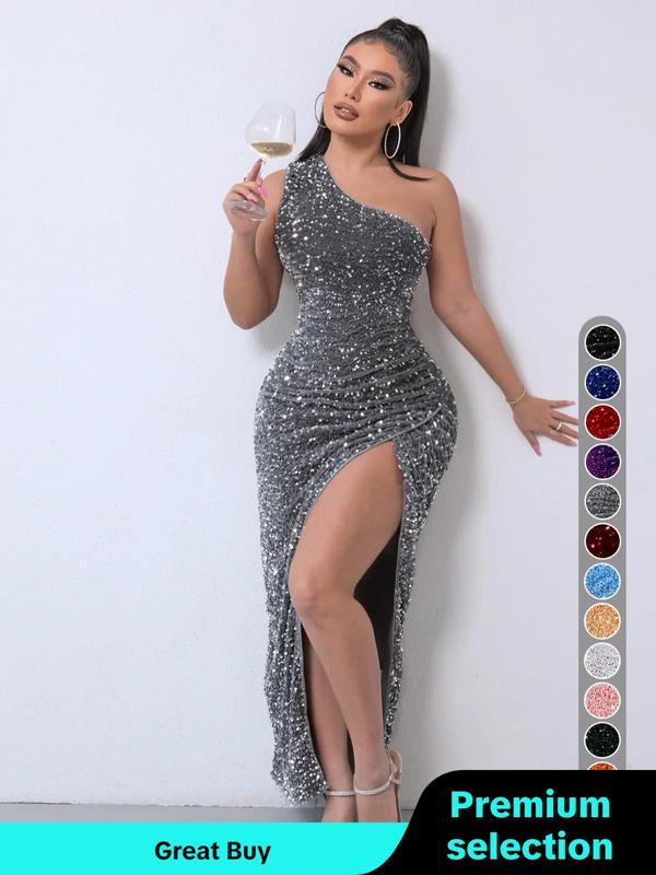 Women's Glitter Sequin One Shoulder Ruched Split Thigh Bodycon Dress, Dress in Club, Dresses for Women, Summer Dresses 2024, Elegant Chic Party Outfit, Sparkly Long Evening Gown, Lady Formal Wear, Y2K Clothing, Halloween, Halloween Costume