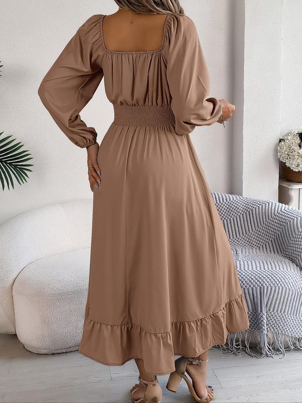 Women's Plain Ruched Ruffle Hem A Line Dress, Elegant Bishop Sleeve Square Neck Long Dress for Fall, Dresses for Women, Fall Outfits, Birthday Dress 2024, Ladies Clothes for Daily Vacation Outdoor