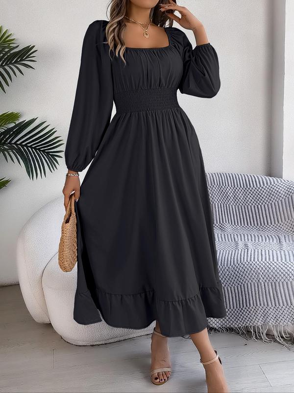 Women's Plain Ruched Ruffle Hem A Line Dress, Elegant Bishop Sleeve Square Neck Long Dress for Fall, Dresses for Women, Fall Outfits, Birthday Dress 2024, Ladies Clothes for Daily Vacation Outdoor