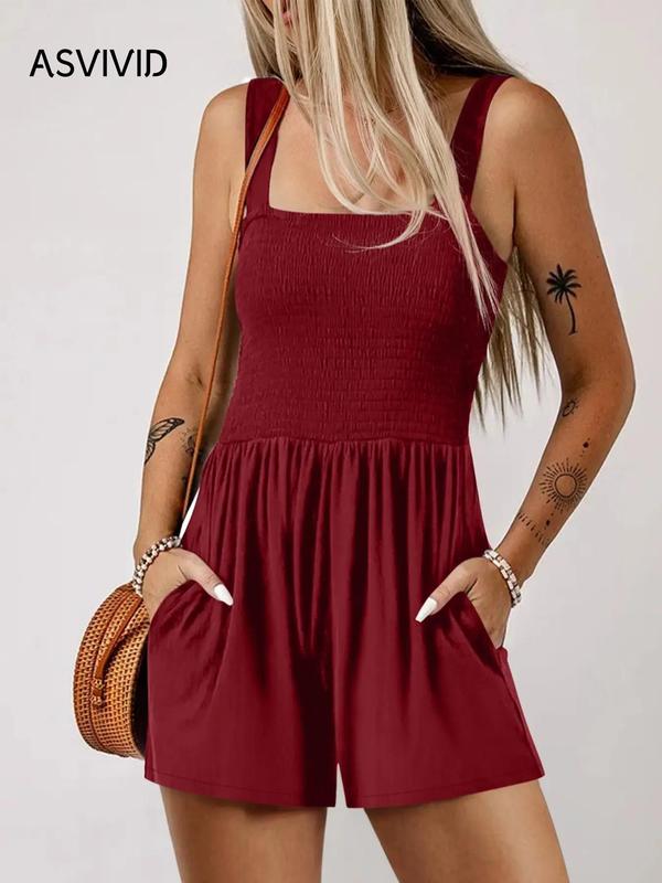 Women's Plain Pocket Shirred Tank Romper, Fashion Casual Square Neck Sleeveless Romper for Daily Outdoor Wear, Summer Rompers, Back to School Outfits, Playsuits for Women, Romper Jumpsuit for Women, Ladies Clothes for Summer