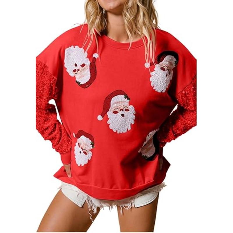 Women's Cute Santa Christmas Sweatshirts Funny Graphic Lightweight Sequin Long Sleeve Pullover Hoodies