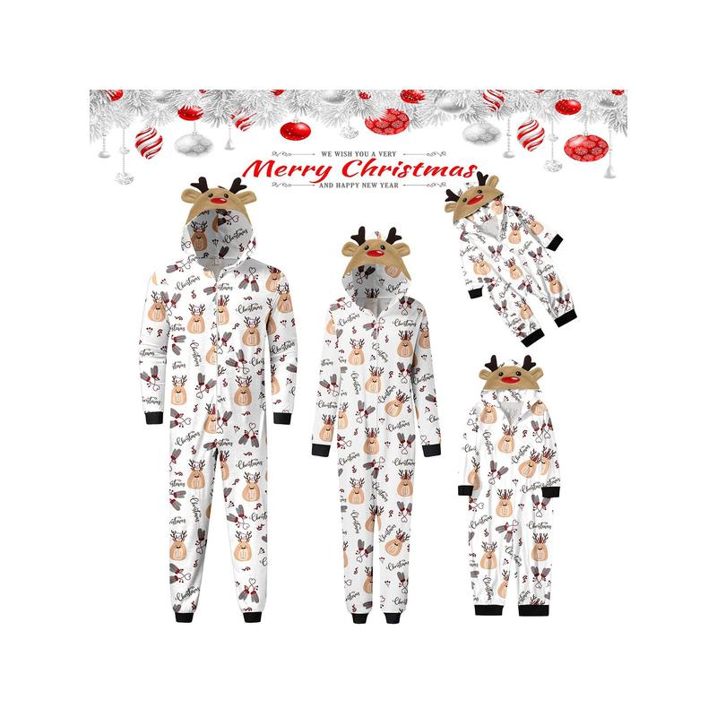 Matching Christmas Pajamas For Family Long Sleeve Elk Antler Hooded Romper Zip Up Jumpsuits