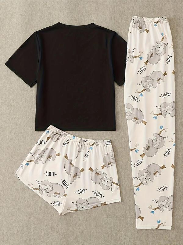 Three-Piece Set Women's Cute Cartoon Sloth Print Tee & Shorts & Pants Pyjama Set, Casual Comfy Crew Neck T-Shirt & Shorts & Trousers PJ Set, Summer Clothes Women, Summer Wear 2024, Women's Sleepwear