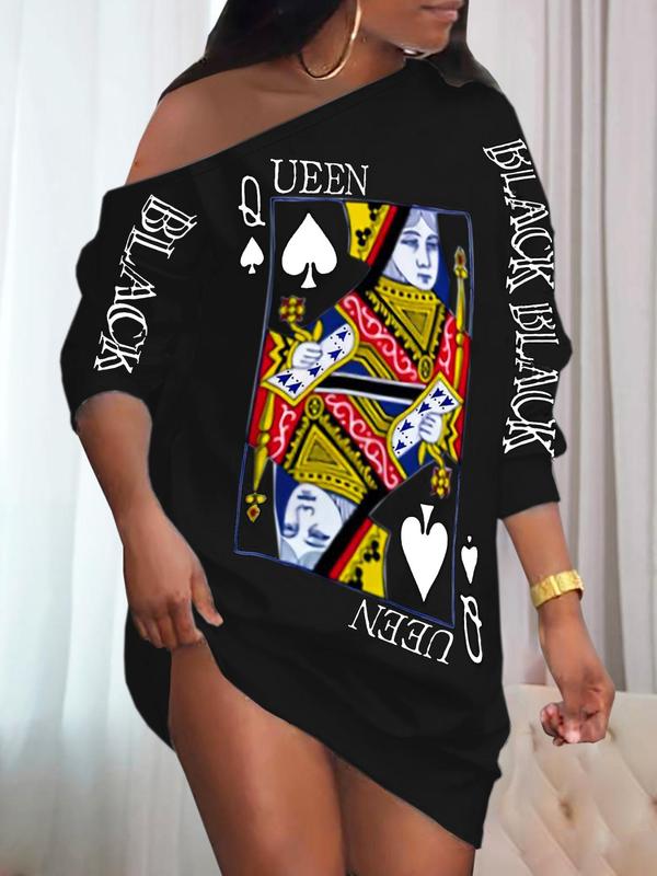 Women's Queen Of Spades Print One Shoulder Lounge Tee, Casual Drop Shoulder Long Sleeve Loungewear for Spring & Fall, Ladies Sleepwear for Daily Wear