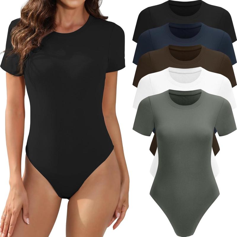 5 Pack Crewneck Body Suits for Womens Short Sleeve Round Neck Comfort Casual Stretchy Basic T Shirt Bodysuit Tops Minimalist Womenswear