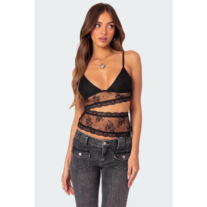 Spice Cut Out Sheer Lace Tank Top