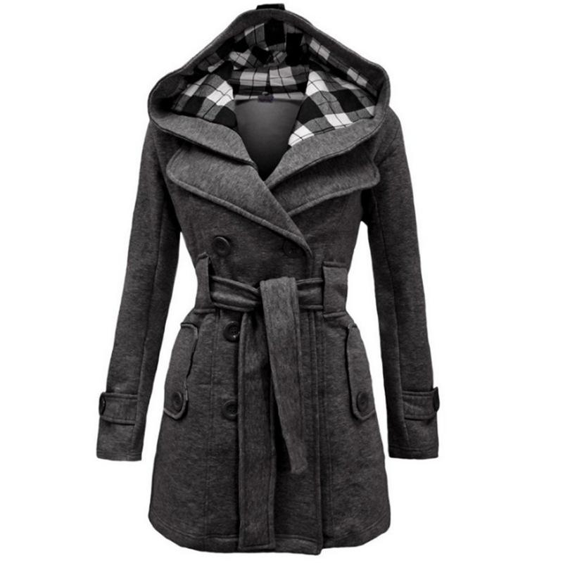 New Plaid Hooded Woolen Coat Belt Double Breasted Mid-Length Coat