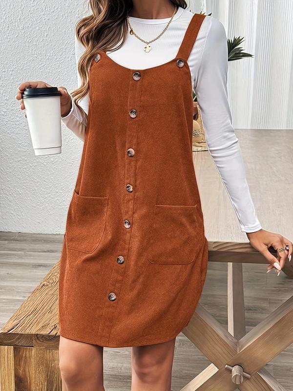 Women's Plain Pocket Pinafore Dress, Casual Sleeveless Fake Buttons Decor Short Dress for Spring & Fall, Women's Clothing for Daily Wear