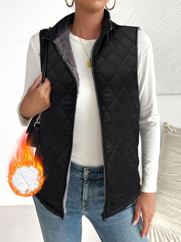 Women's Solid Zip Up Pocket Quilted Vest Coat, Casual Stand Collar Sleeveless Outerwear for Fall & Winter, Ladies Clothes for Daily Wear