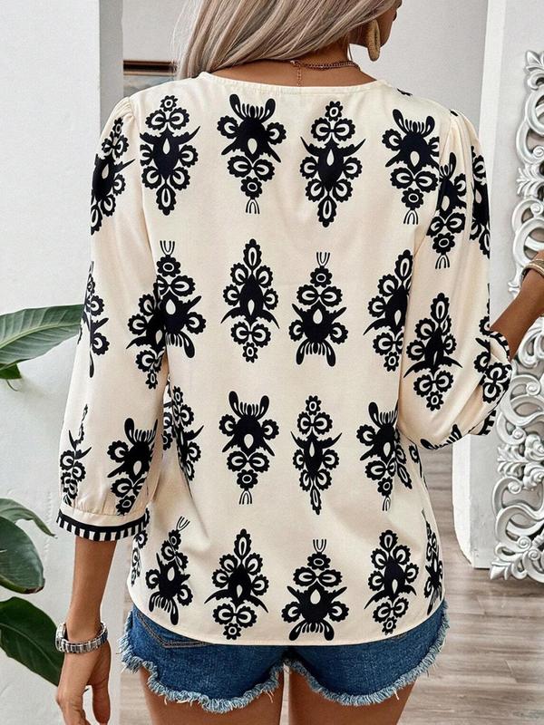 Women's Ethnic Pattern Bishop Sleeve V Neck Blouse, Boho Casual 3 4 Sleeve Top for Spring & Fall, Fall Clothing Women, Women's Clothing for Daily Wear