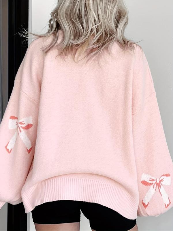 Women's Bow Print Drop Shoulder Sweater, Casual Long Sleeve Round Neck Jumper for Fall & Winter, Sweaters for Women, Fashion Ladies' Knitwear for Daily Wear