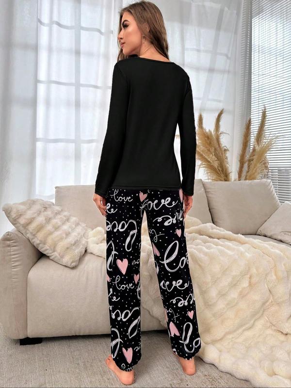 Two-Piece Set Women's Letter Print Tee & Pants Pyjamas, Casual Comfy Round Neck Long Sleeve T-shirt & Elastic Waist Trousers PJ Set, Women's Sleepwear for Fall & Winter