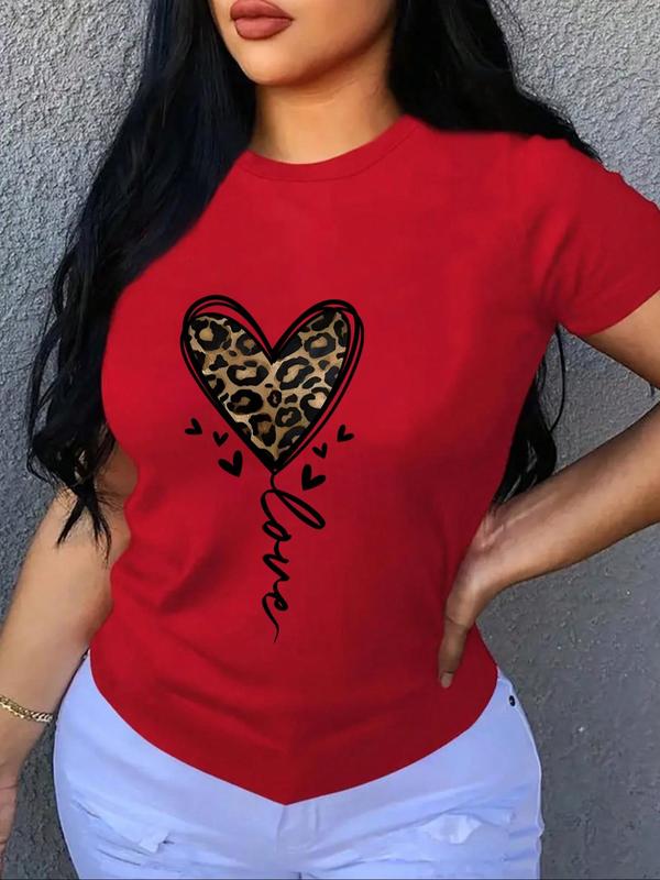 Women's Heart & Leopard Print Drop Shoulder Tee, Summer Graphic Tees Women, Casual Half Sleeve Round Neck T-shirt for Daily Wear, Graphic Tees, Ladies Clothes for All Seasons