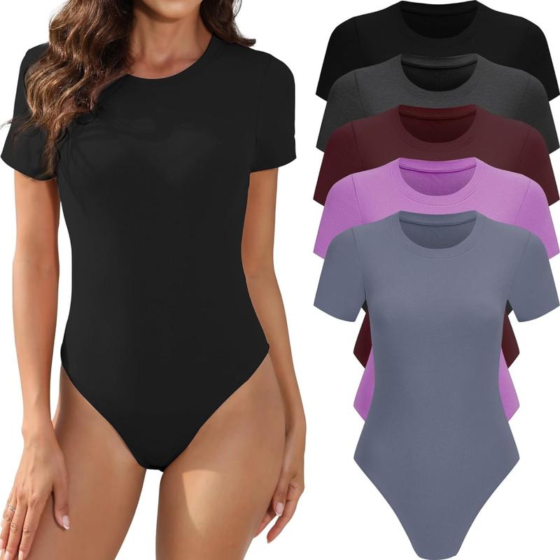 5 Pack Crewneck Body Suits for Womens Short Sleeve Round Neck Comfort Casual Stretchy Basic T Shirt Bodysuit Tops Minimalist Womenswear