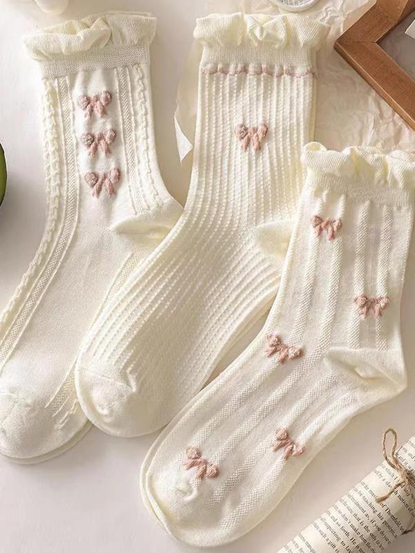 Women's 9 Pairs Bow & Heart Embroidery Frill Trim Crew Socks, Fashion Casual Comfy Breathable Socks for Daily Outdoor Wear, Multipack Knit Socks for All Seasons