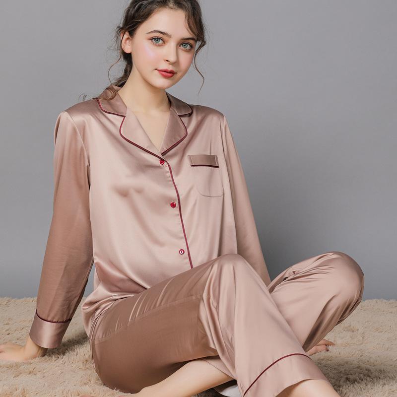 New Spring and Autumn Silk Couple Pajamas Women's Autumn Ice Silk Men's Pajamas Home Wear Long Sleeve plus Size Suit Womenswear Clothing