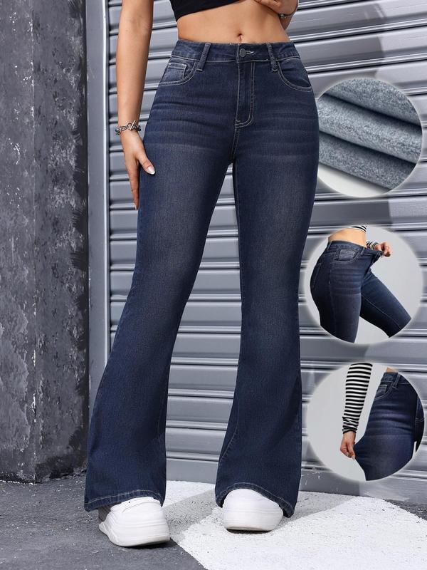 Women's Plain Flare Leg Jeans, Casual Button Fly Pocket Design Denim Trousers for Daily Wear, Ladies Bottoms for All Seasons