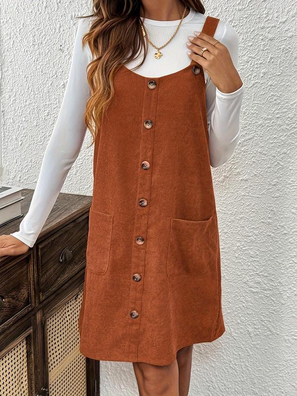 Women's Plain Pocket Pinafore Dress, Casual Sleeveless Fake Buttons Decor Short Dress for Spring & Fall, Women's Clothing for Daily Wear