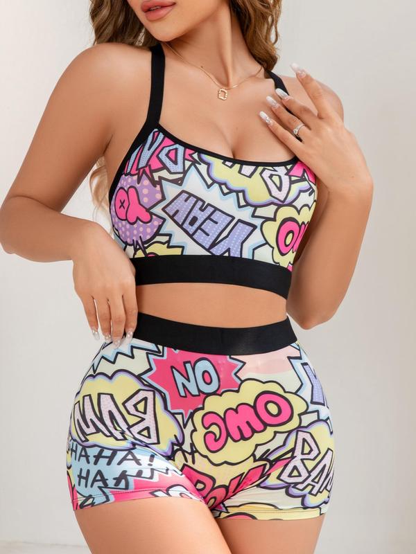 Two-Piece Set Women's Pop Art Print Criss Cross Underwear Set, Casual Cut Out Wireless Bra & High Waist Shorts, Ladies Lingerie Set for Daily Wear