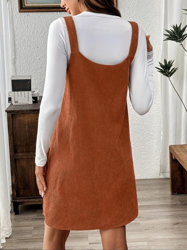 Women's Plain Pocket Pinafore Dress, Casual Sleeveless Fake Buttons Decor Short Dress for Spring & Fall, Women's Clothing for Daily Wear