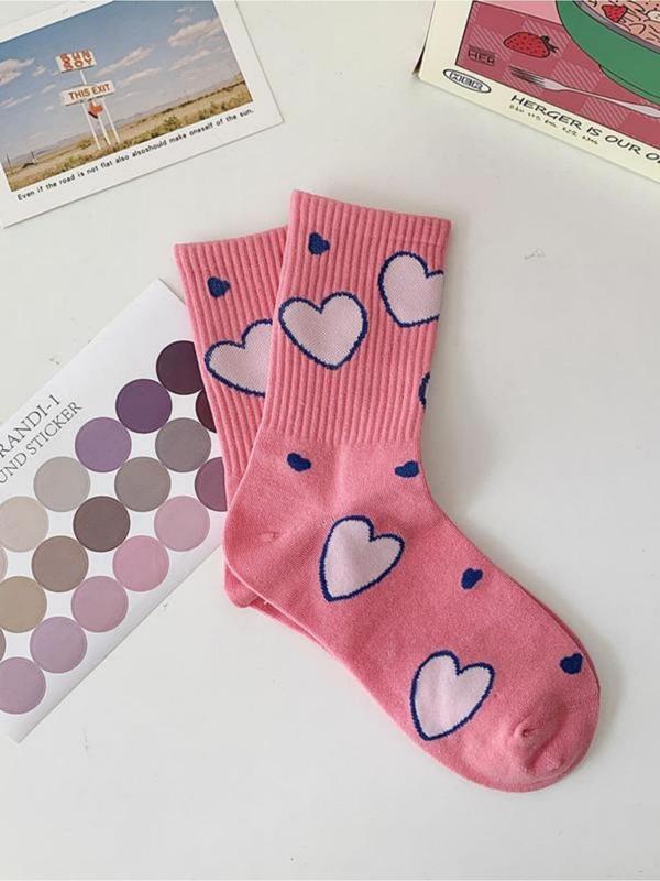 Women's 5 Pairs Floral & Heart Print Crew Socks, Cute Casual Moisture Wicking Socks, Soft Comfy Breathable Socks for All Seasons Daily Wear